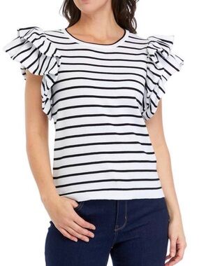 Crown & Ivy Striped Ruffle Short Sleeve Sweater Women’s Top - White/Black M